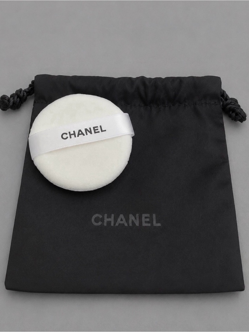 CHANEL Small Drawstring Cosmetic Bag & Powder Puff Set Black White 5.5”